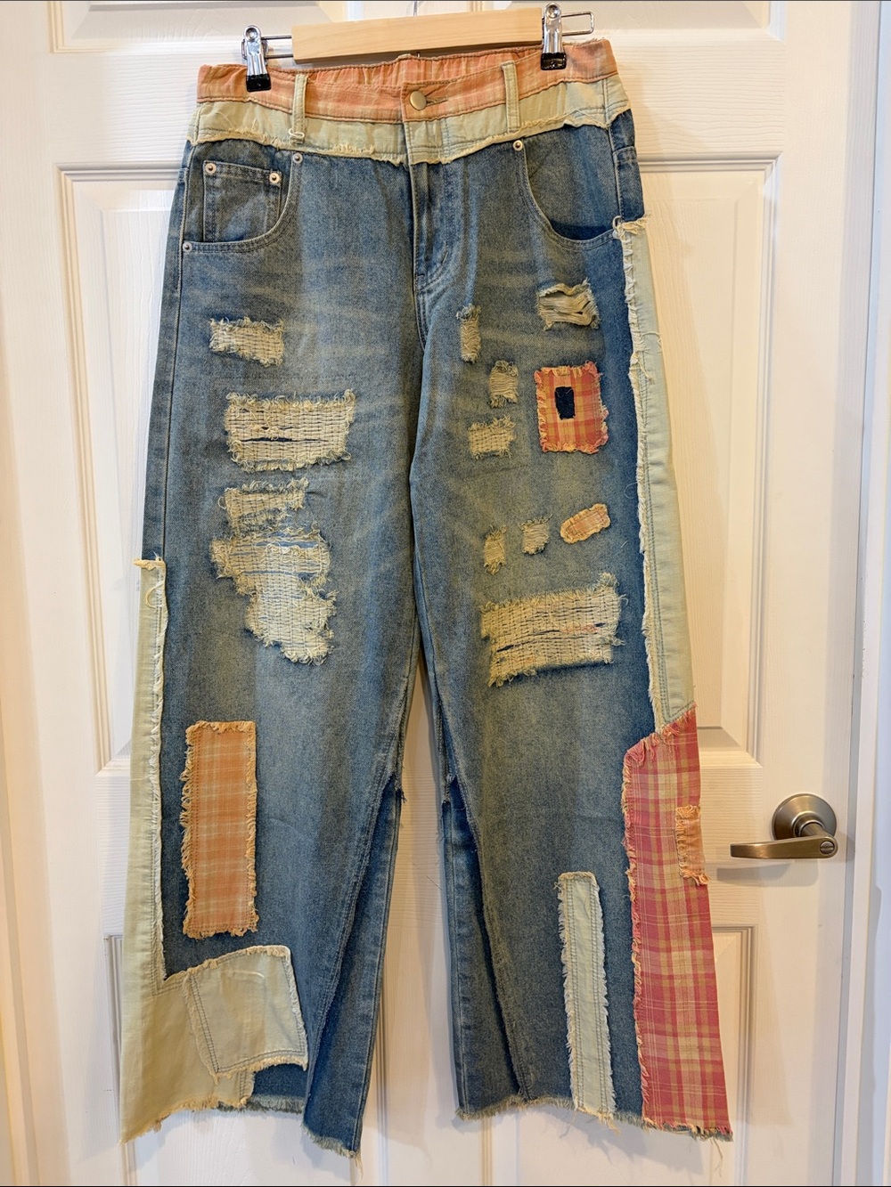 Oli & Hali Patchwork Wide-Leg Blue Jeans with Cream & Pink Accents